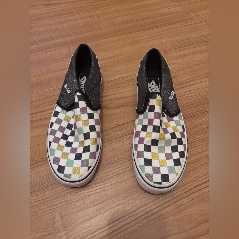 Vans Asher Glitter Checkboard Slip-ons size 10